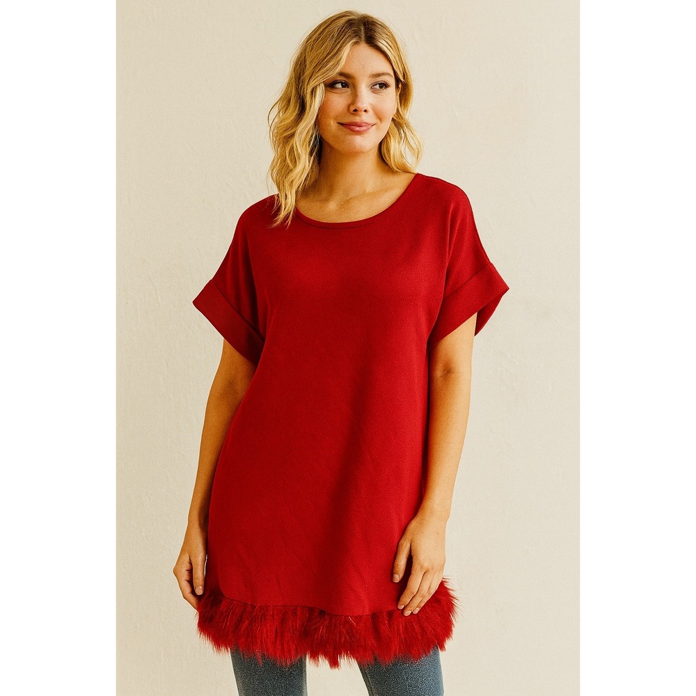 Umgee USA Red‎ Short Sleeve Tunic Top Faux Fur Trim Casual Women's M